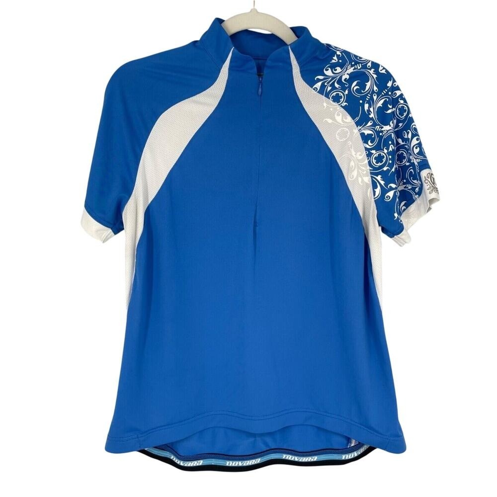Novara‎ Cycling Jersey Womens Large Blue White Printed Shoulder 1/2 Zip